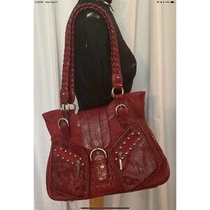 The Find Red Leather Alligator Studded Shoulder Purse Double Handles **READ**